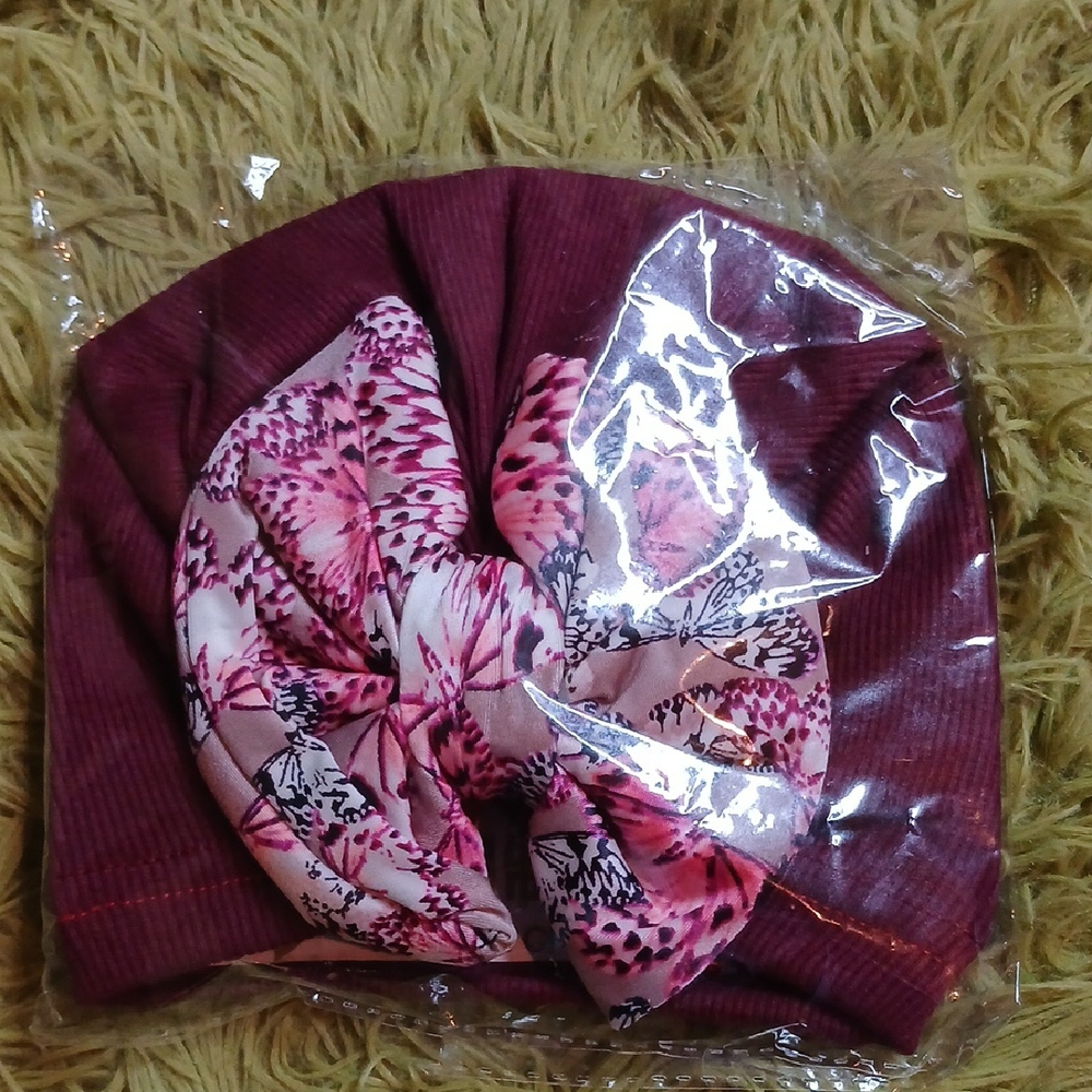 Turban Baby Burgundy Cap With Floral Patterned‎ Bow